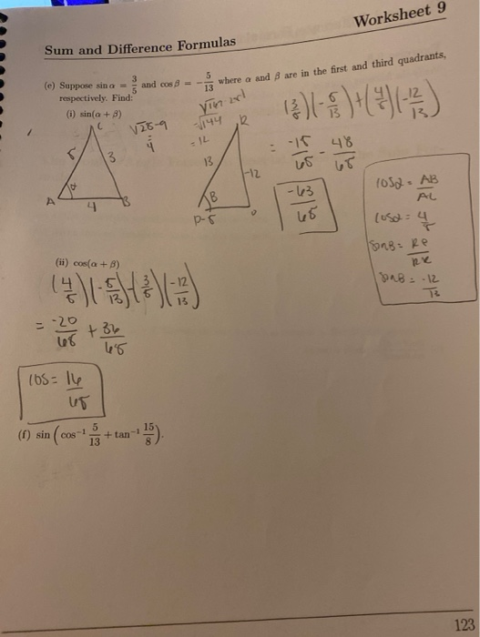Solved Worksheet 9 Sum and Difference Formulas 5 where a | Chegg.com