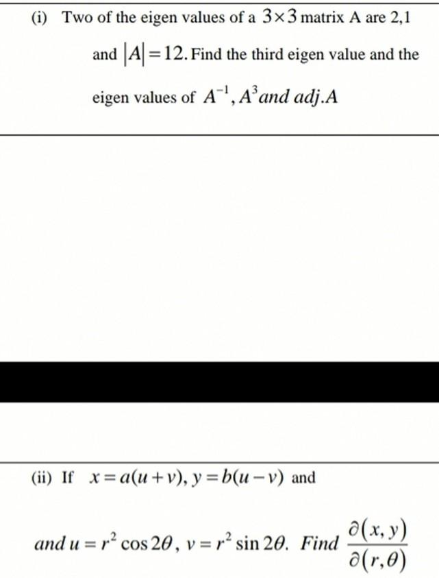 Solved (i) Two of the eigen values of a 3×3 matrix A are 2,1 | Chegg.com