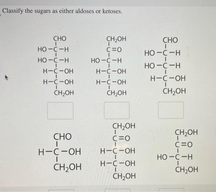 Classify the sugars as either aldoses or ketoses.