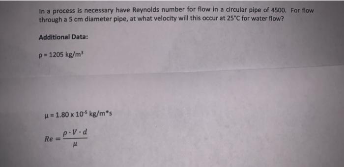 Solved In a process is necessary have Reynolds number for | Chegg.com