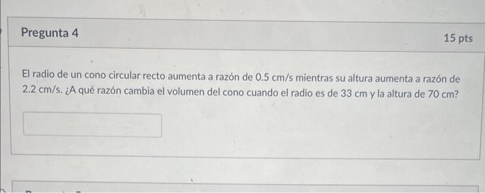 El radio de un cono circular recto aumenta a razón de \( 0.5 \mathrm{~cm} / \mathrm{s} \) mientras su altura aumenta a razón