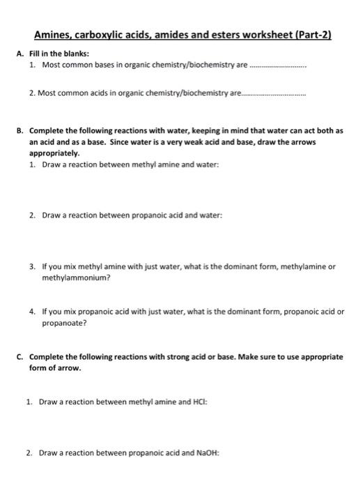 Solved Amines, carboxylic acids, amides and esters worksheet | Chegg.com