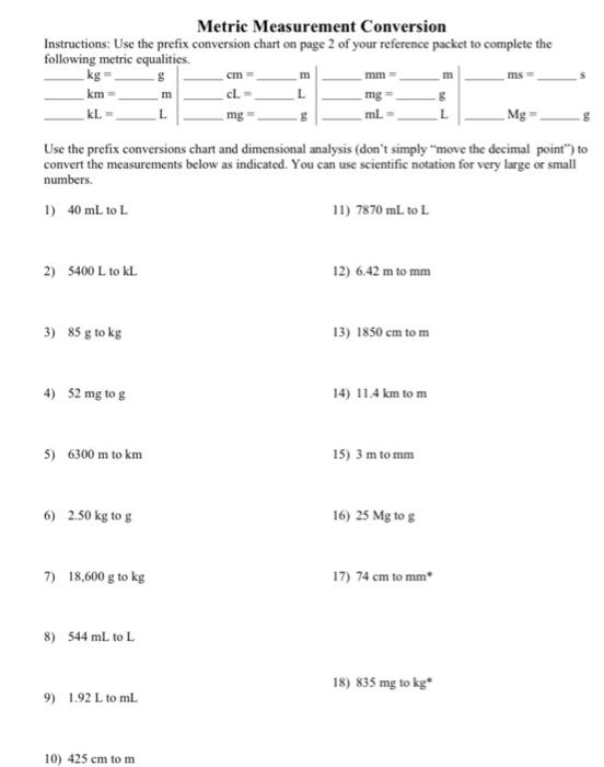 Solved Metric Measurement Conversion Instructions Use the Chegg