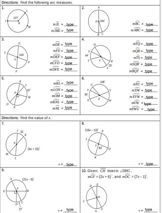 Solved Directions Find the following arc measures. 1. 2.
