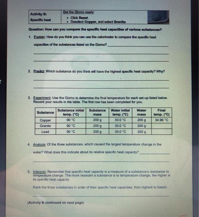 Calorimetry Lab Gizmo Answers Activity C / Name Date ...