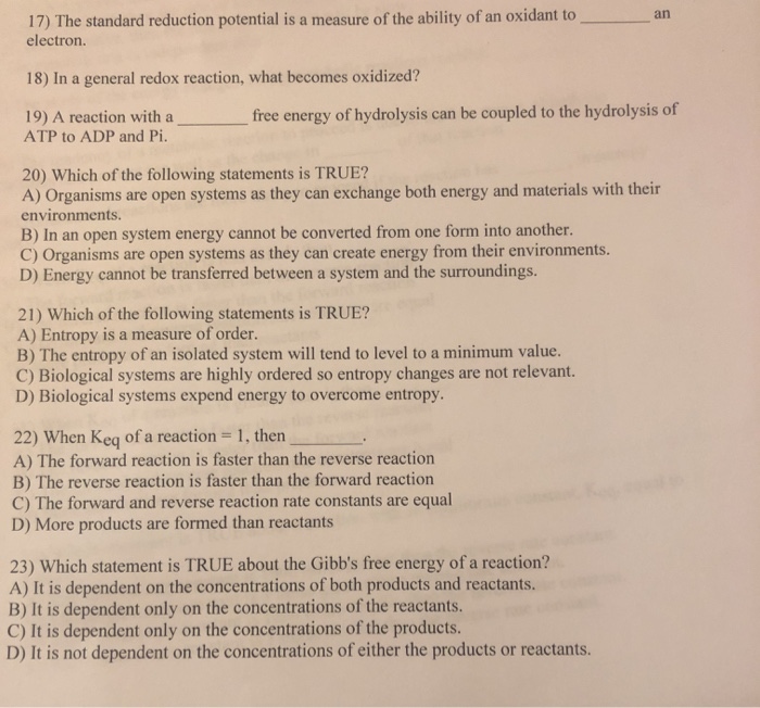 Solved 17) The standard reduction potential is a measure of