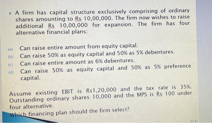 Solved A Firm Has Capital Structure Exclusively Comprising | Chegg.com