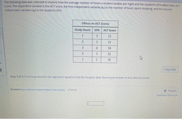 Solved The following data was collected to explore how the | Chegg.com