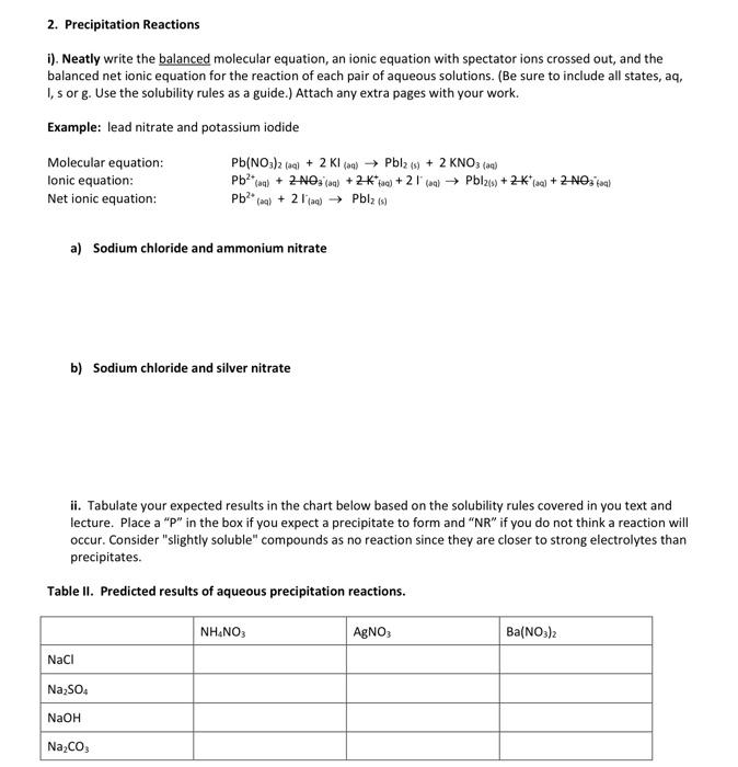 Solved 2. Precipitation Reactions i). Neatly write the | Chegg.com