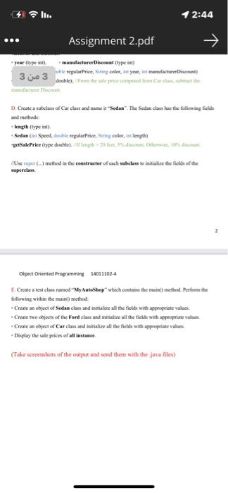 Solved 2 من 3 Assignment 2.pdf 12:43 Object Oriented | Chegg.com