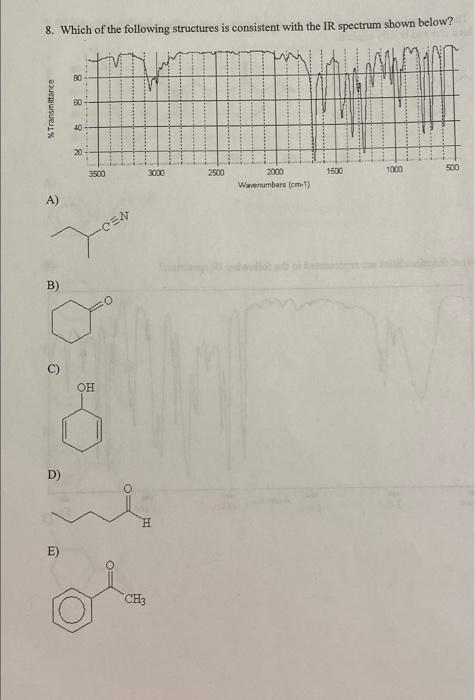 8. Which of the following structures is consistent with the IR spectrum shown below?
80
500
3000
2500
2000
Wavenumbers (cm-1)