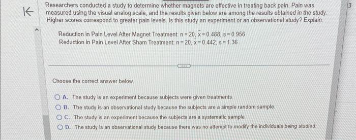 Solved Researchers Conducted A Study To Determine Whether | Chegg.com