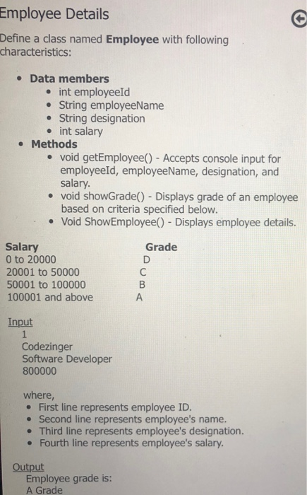 Solved Employee Details Define a class named Employee with | Chegg.com