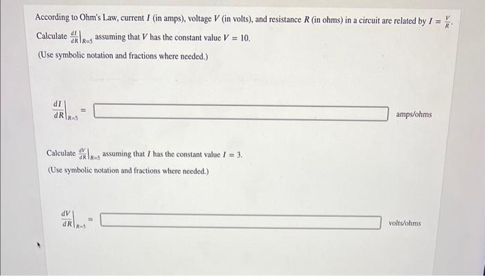 Solved According To Ohm's Law, Current I (in Amps), Voltage | Chegg.com