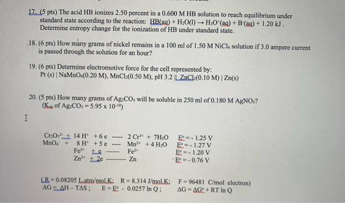 Solved 17 5 Pts The Acid Hb Ionizes 2 50 Percent In A Chegg Com