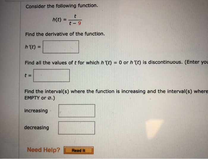 Solved Consider the following function. h(t) = t t - 9 Find | Chegg.com