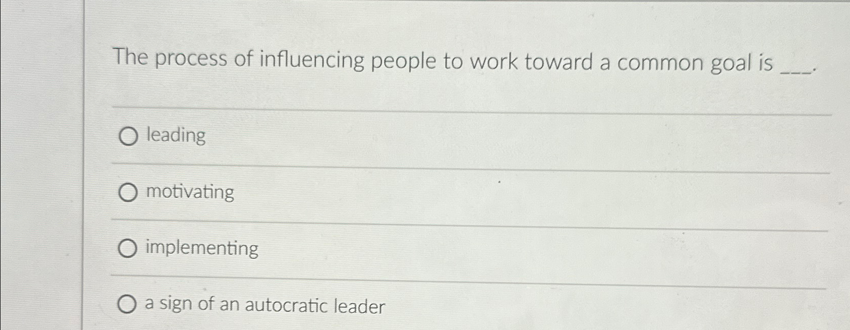 Solved The process of influencing people to work toward a | Chegg.com