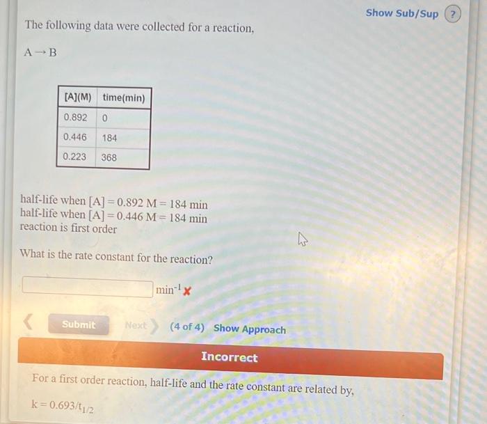 Solved The following data were collected for a reaction, A→B | Chegg.com