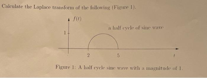 Calculate the Laplace transform of the following (Figure 1).
Figure 1: A half cycle sine wave with a magnitude of \( 1 . \)