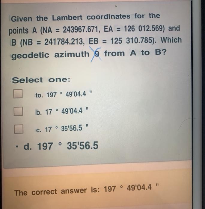 Solved Given the Lambert coordinates for the points A (NA = | Chegg.com