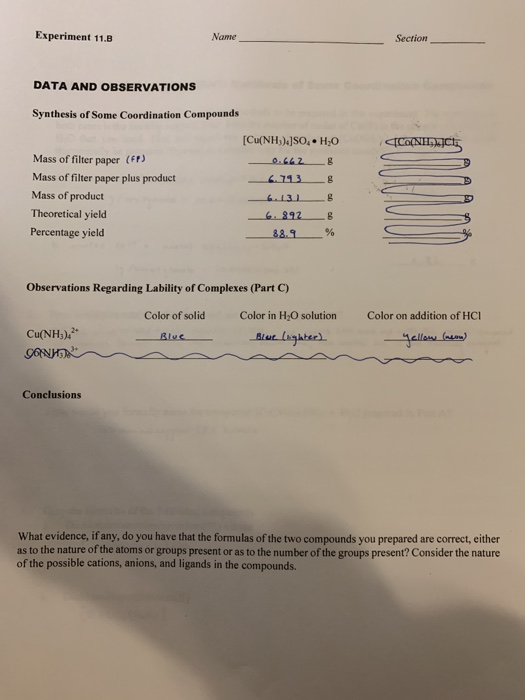 Solved Experiment 11.B Name Section DATA AND OBSERVATIONS | Chegg.com