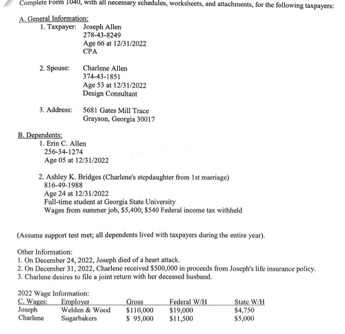 Solved Complete Form 1040, with all necessary schedules, | Chegg.com