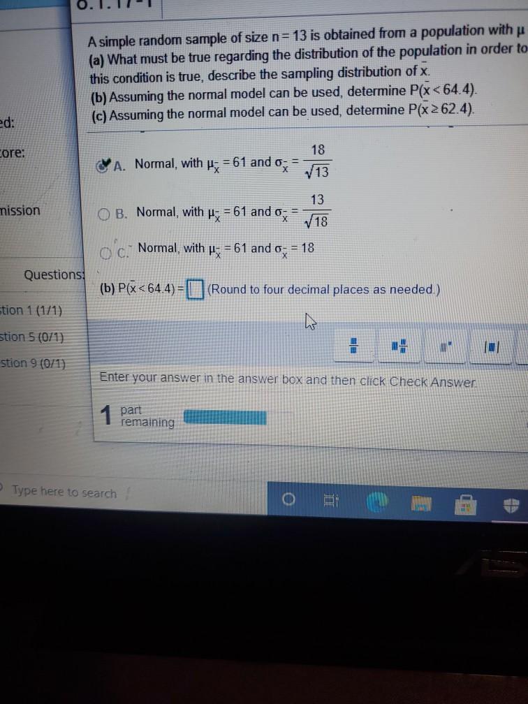 Solved A simple random sample of size n=13 is obtained from | Chegg.com
