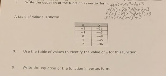 7. Write the equation of the function in vertex form.
\[
f(x)=2 x^{2}-4 x+5
\]
\[
\begin{array}{l}
f(x)=2 x^{2}-4 x+2+3 \\
f(