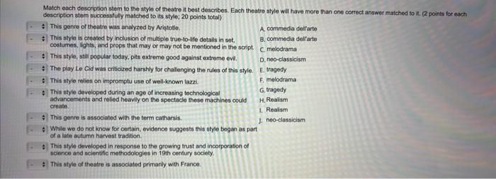 Match each description stem to the style of theatre | Chegg.com