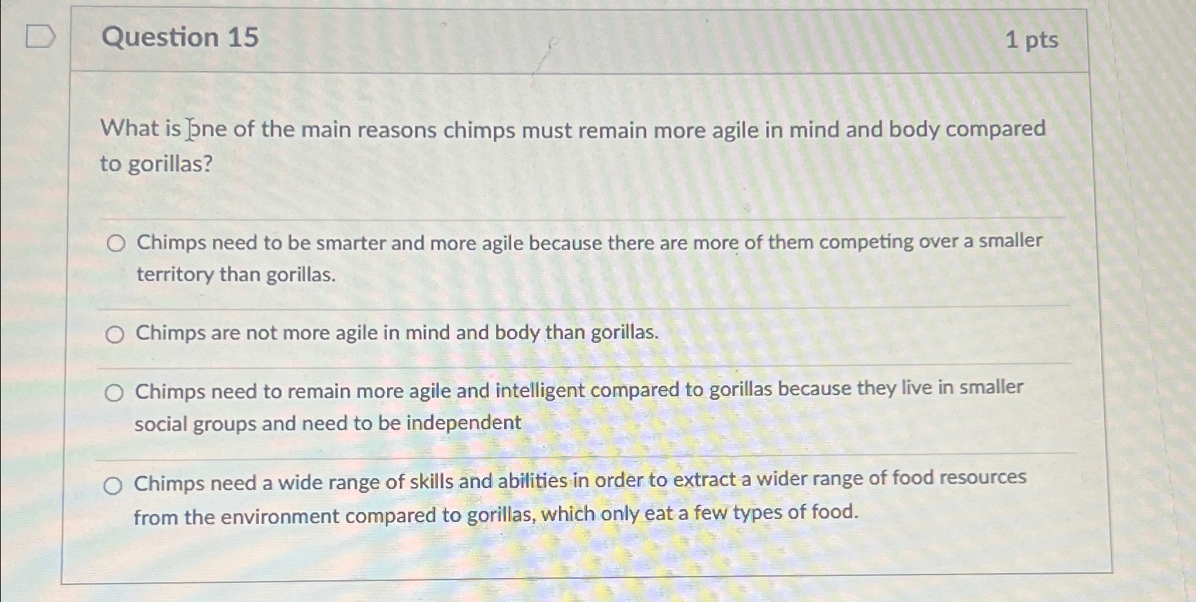 Solved Question 151 ﻿ptsWhat is of the main reasons chimps | Chegg.com