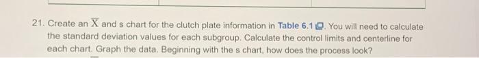 Solved 21. Create an X and s chart for the clutch plate | Chegg.com