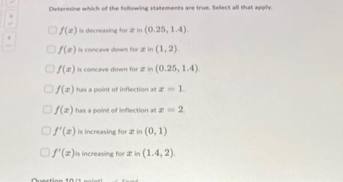 Determine which of the following statements are true. Select all that apply.
\( f(x) \) is decreasing for \( x \) in \( (0.25
