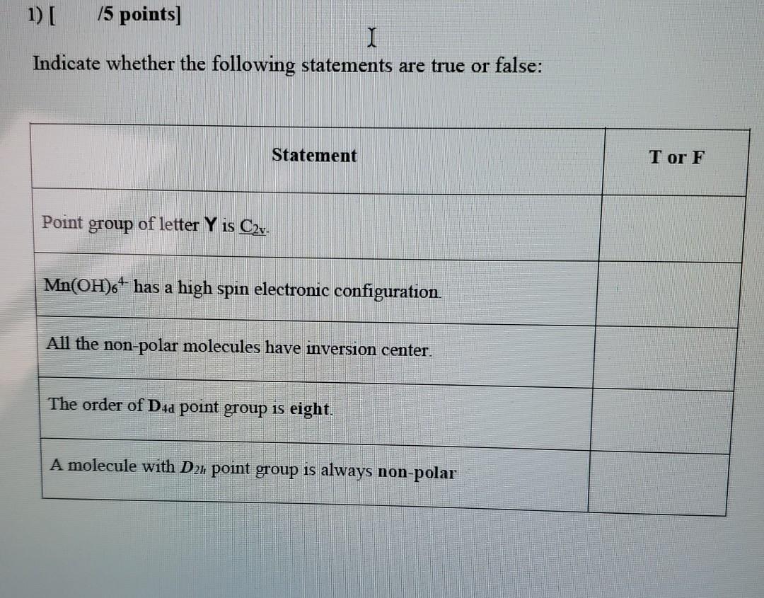 Solved 1) /5 points) I Indicate whether the following | Chegg.com