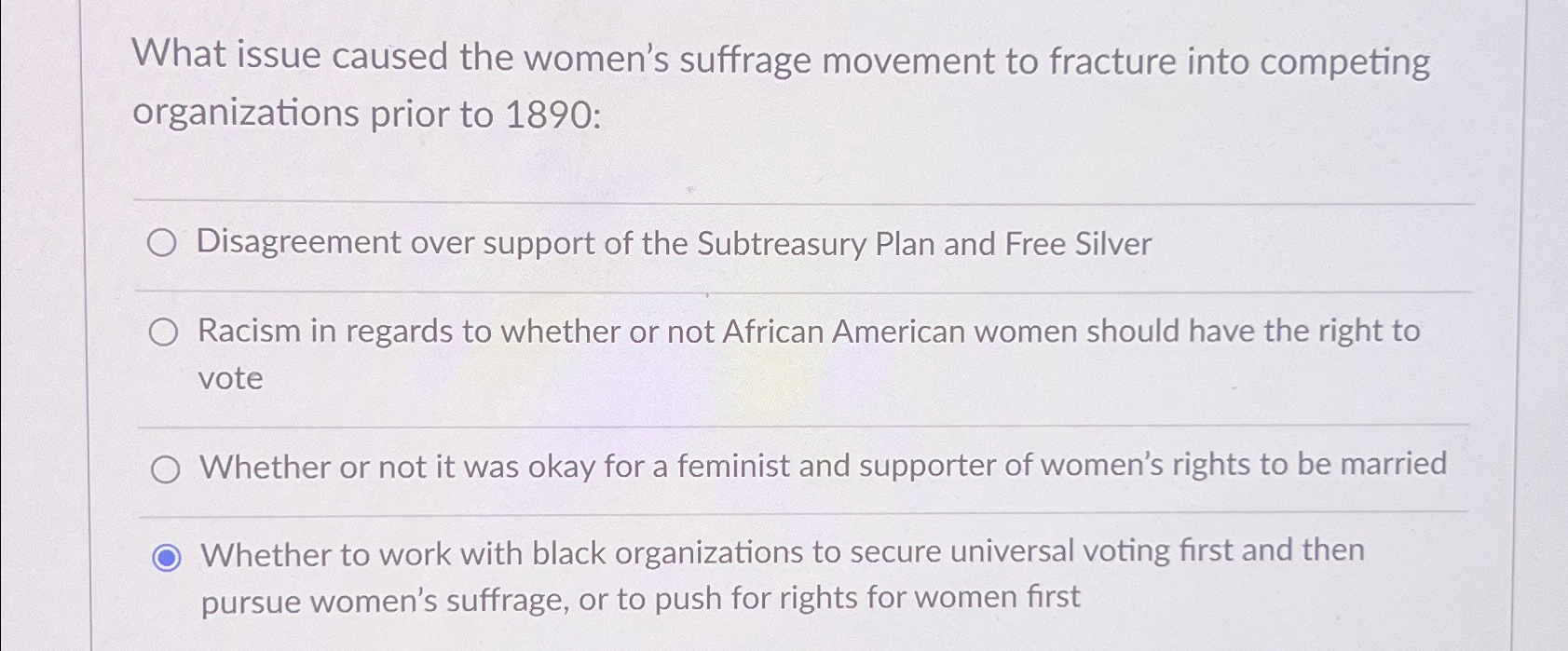 Solved What issue caused the women's suffrage movement to