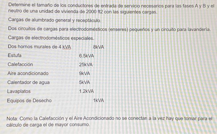 Determine el tamaño de los conductores de entrada de servicio necesarios para las fases A y B y el neutro de una unidad de vi