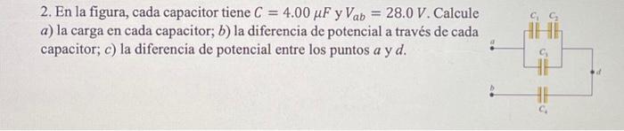 2. En la figura, cada capacitor tiene \( C=4.00 \mu F \) y \( V_{a b}=28.0 \mathrm{~V} \). Calcule a) la carga en cada capaci