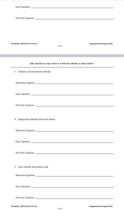 Homework Assignment #6 Ispes of Chemical Equations - | Chegg.com