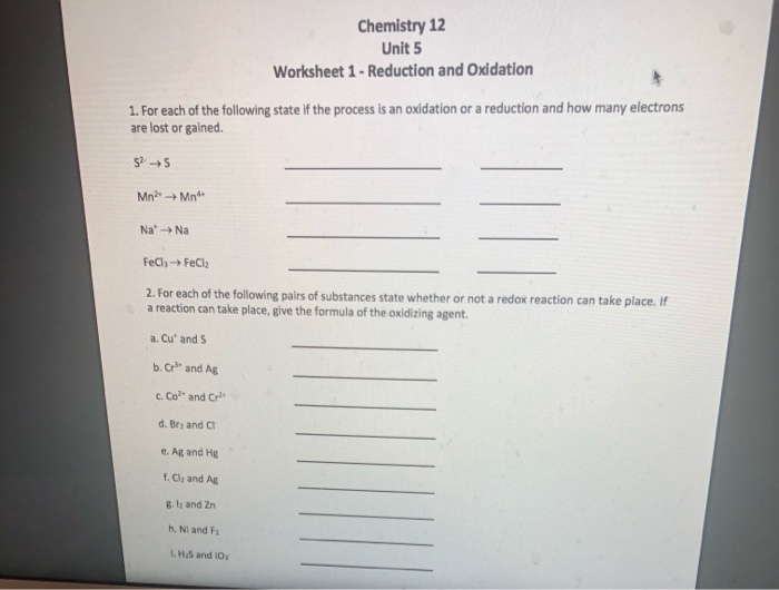 Solved Chemistry 12 Unit 5 Worksheet 1 Reduction and