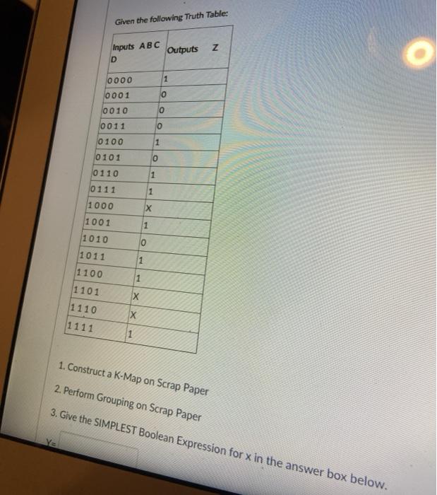 Solved Given the following Truth Table: Inputs ABC Outputs Z | Chegg.com