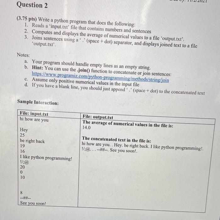 Solved Question 2 (3.75 pts) Write a python program that | Chegg.com
