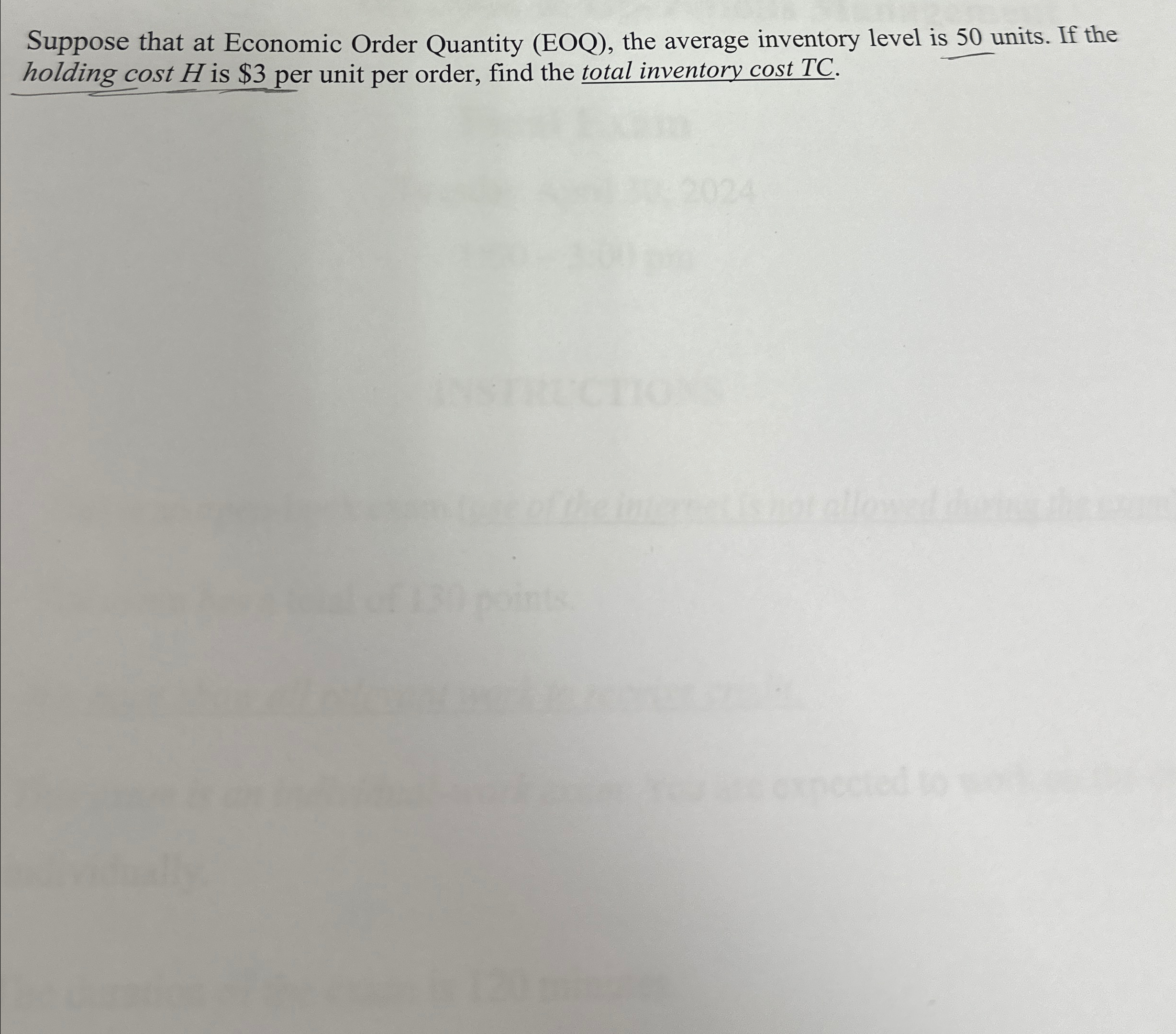 Solved Suppose that at Economic Order Quantity (EOQ), ﻿the | Chegg.com