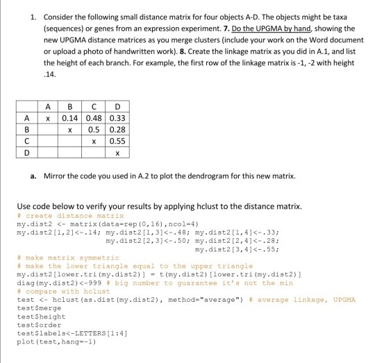 1. Consider the following small distance matrix for | Chegg.com