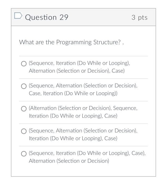 Solved Question 29 3 pts What are the Programming | Chegg.com