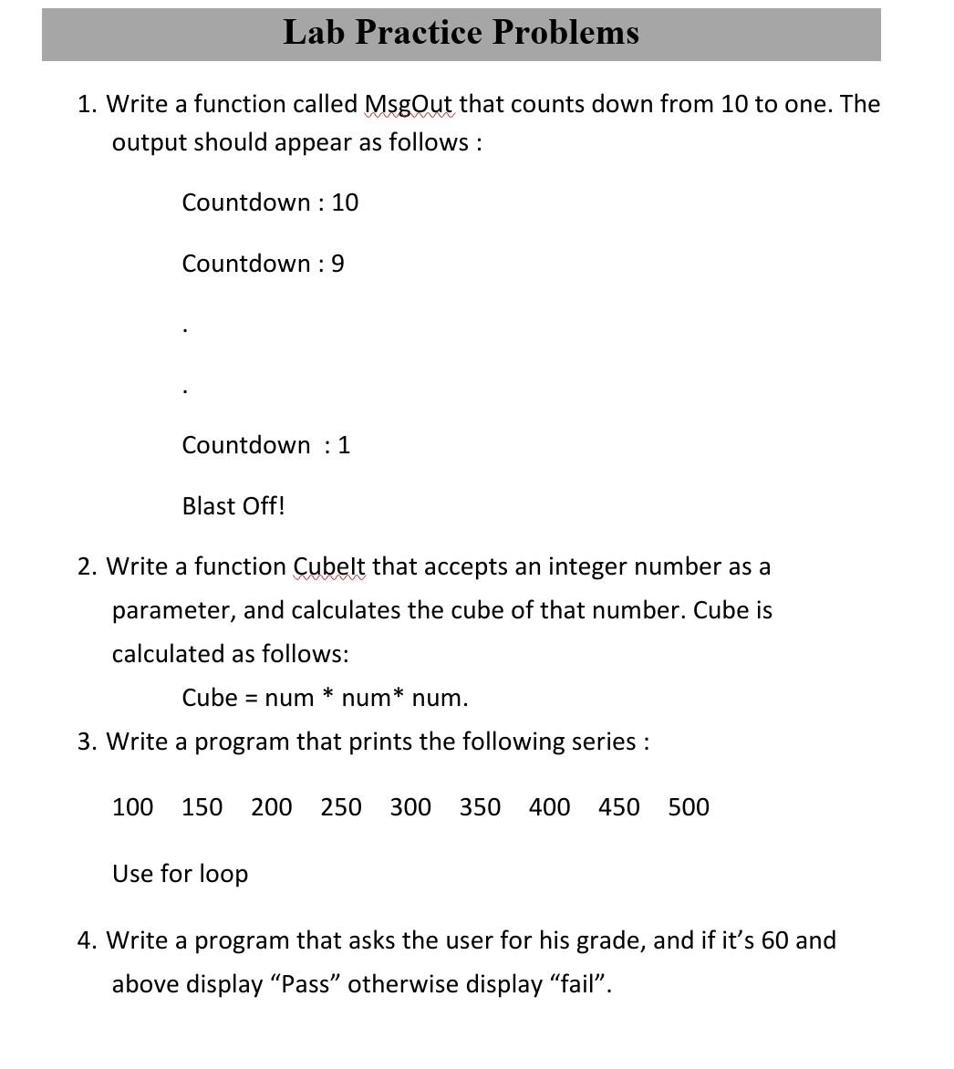 Solved 1. Write a function called MsgOut that counts down | Chegg.com