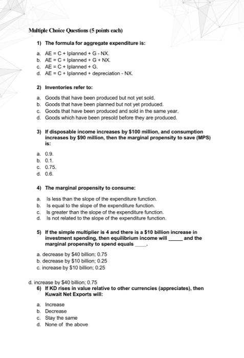 Solved Multiple Choice Questions 5 Points Each 1 The F Chegg Com