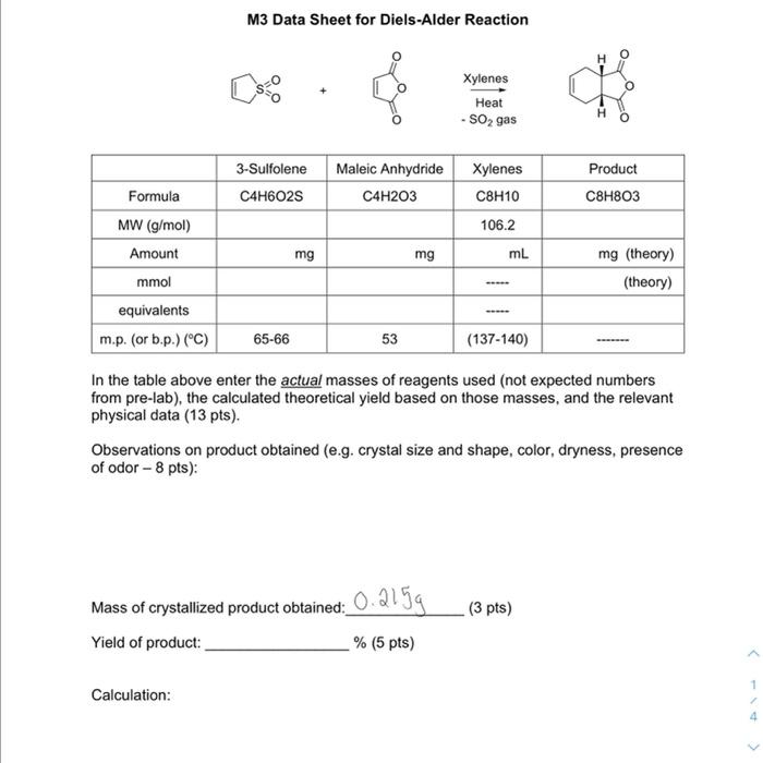 Solved M3 Data Sheet for Diels-Alder Reaction Xylenes Heat - | Chegg.com