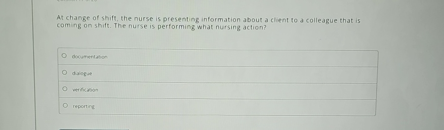 Solved At change of shift, the nurse is presenting | Chegg.com