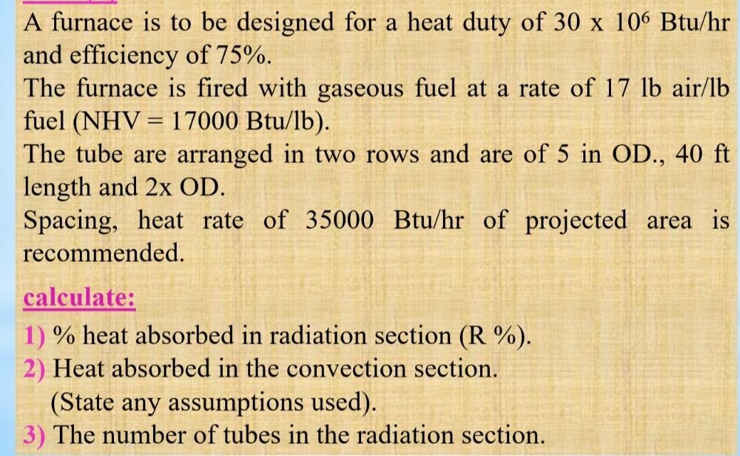 Solved A furnace is to be designed for a heat duty of