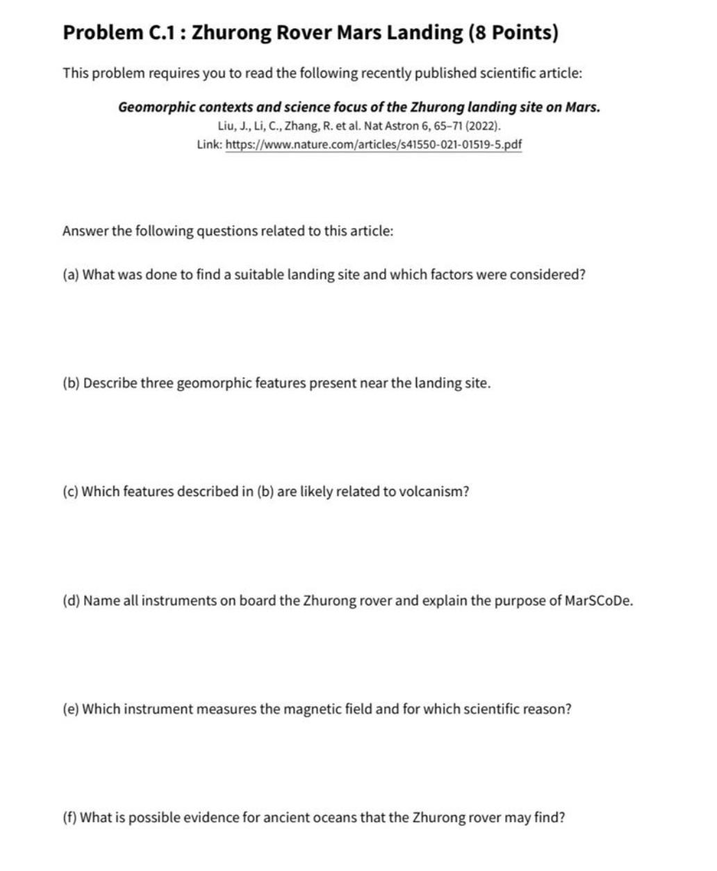 Solved Problem C.1 : Zhurong Rover Mars Landing (8 Points) | Chegg.com