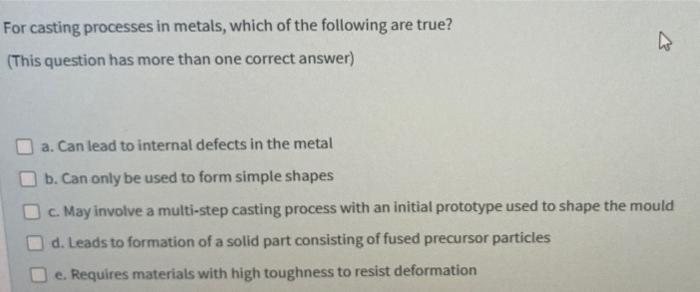 Solved For casting processes in metals, which of the | Chegg.com